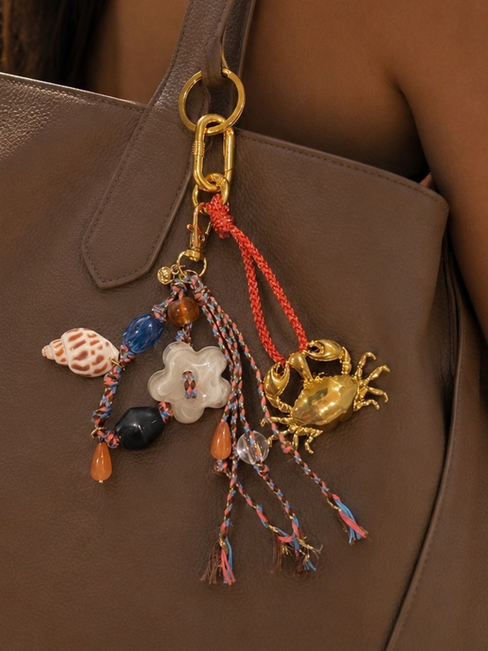Gold Crab Bag Charm and Keyring with Multicolor Beads and Coral Tassel
